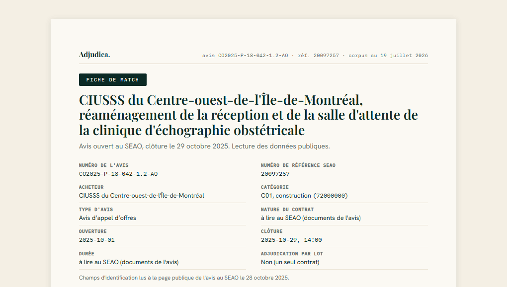 Première page d'une fiche de match Adjudica
